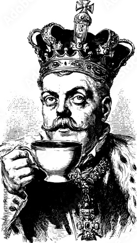 King with a crown holding a cup in a vintage engraving style. This black outline illustration features a regal character in an antique design vector set.