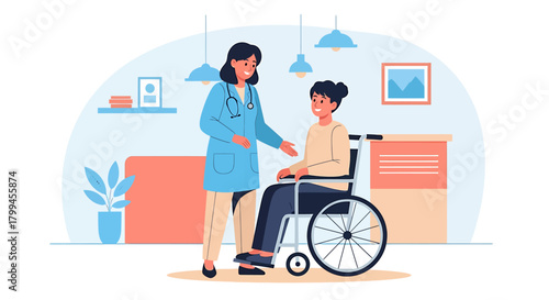 A doctor in a blue coat assists a patient sitting in a wheelchair indoors.