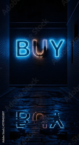A vibrant blue neon sign displaying the word 'BUY' on a dark wall, creating a modern and eye-catching visual effect with reflections on the floor
