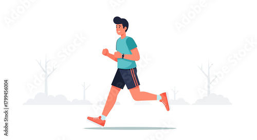 A man in athletic wear running outdoors in a park with bare trees in the background.