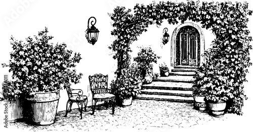 Detailed illustration of an elegant garden entrance with a door, stairs, and decorative plants. Features wrought iron seating and lamps, vector illustration.
