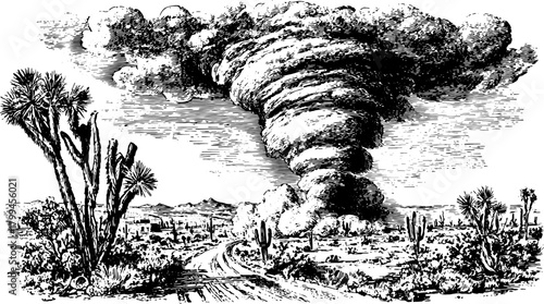 Tornado illustration in a vintage style. Detailed monochrome set featuring clouds and cacti in a desert environment vector.