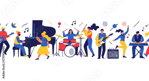 A vibrant illustration of a diverse group of musicians playing various instruments and dancing, celebrating music.