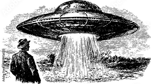 Antique engraving of a UFO with a beam illuminating a man. A vintage illustration depicting a mysterious scene in the night sky with vector details.
