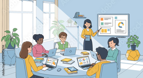 A diverse group of professionals is engaged in a collaborative meeting, with a presenter leading a discussion around a large table.