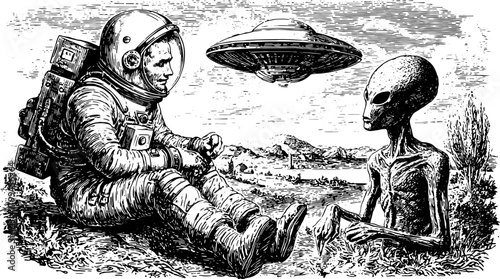 Astronaut and alien encounter in a retro hand-drawn style. Engraving illustrating a celestial landscape in black vector illustration.