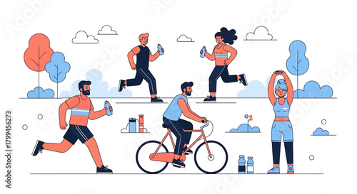 Illustration of people exercising outdoors, running, cycling, and stretching in a park setting.