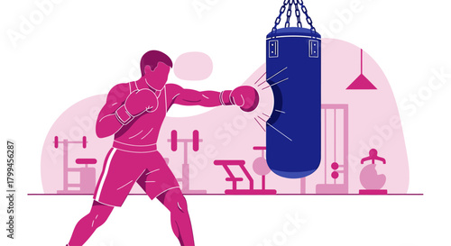Illustration of a male boxer training with a heavy punching bag in a gym setting.