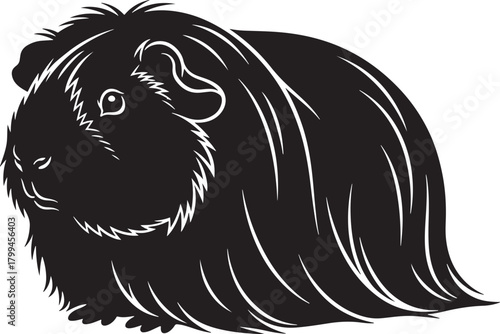 Adorable fluffy guinea pig silhouette captures the charm of small rodent pets in a stylized black and white depiction