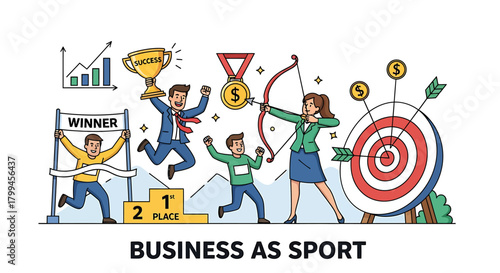 Illustrative depiction of business as a competitive sport, featuring elements like a finish line, podium, trophy, medals, archery, and a target.