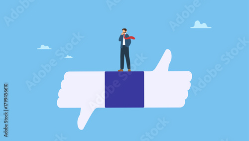 Thoughtful businessman thinking on thumb up and thumb down feedback. Performance evaluation, customer feedback or business decision making, customer satisfaction, opinion or service quality.