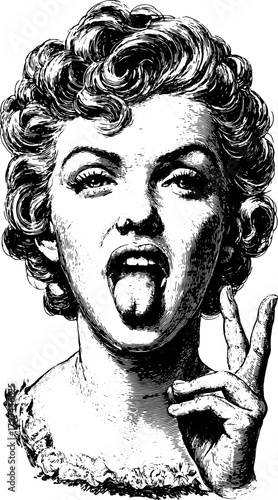 Engraving of a vintage female face with a playful expression. The illustration features a detailed black outline drawing, showcasing the peace sign and tongue in vector style.