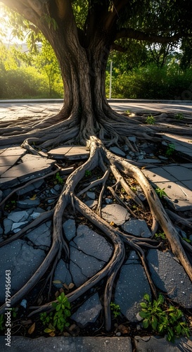 A large tree with exposed roots growing over a cracked pavement in a park during daytime with sunlight filtering through the leaves