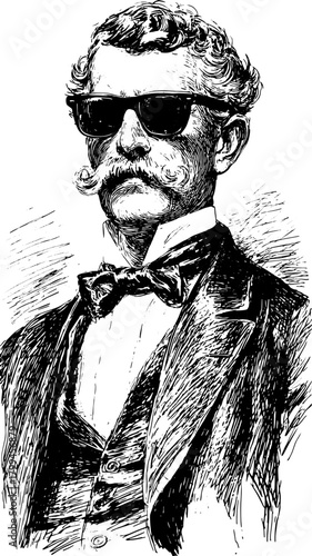 Engraving of a man with moustache and sunglasses. Vintage and antique style vector illustration featuring detailed craftsmanship.