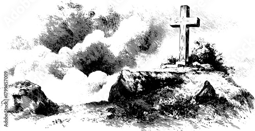 Cross on a hill under a cloudy sky in classic monochrome engraving style. Black and white vector illustration with religious and nature elements.