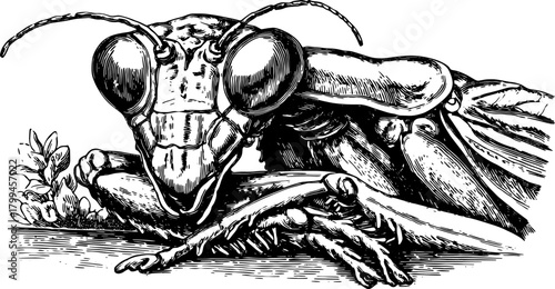 Insect mantis engraving illustration in vintage style. This detailed black outline print showcases wildlife artistry in vector format.