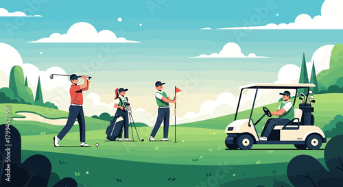 A vibrant illustration of a golf course scene with players, a golf cart, and lush greenery under a bright sky.