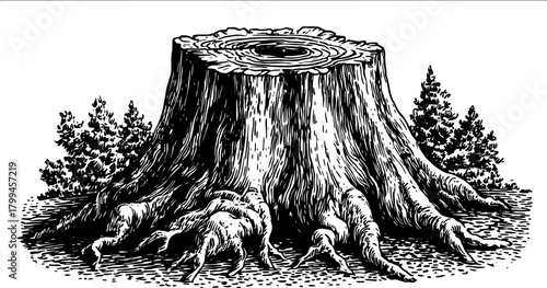 Tree stump with roots in a forest background. Detailed black and white vector illustration with engraving style.