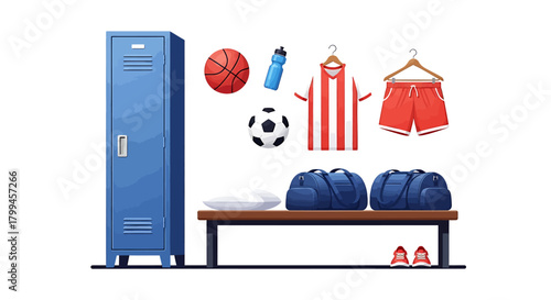 Sports locker room with equipment, including balls, uniform, and bags, ready for training.