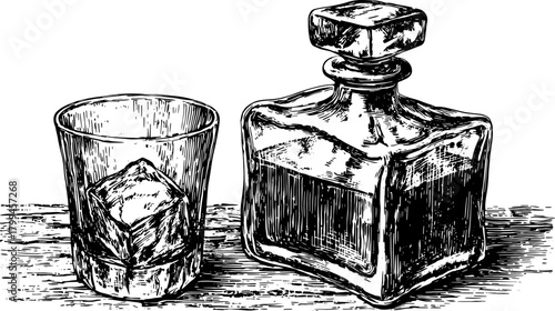 Whiskey bottle and glass with ice. Vintage black and white vector illustration on wooden table set.