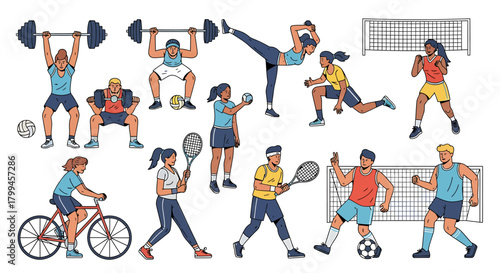 Diverse individuals engaging in various sports and fitness activities, promoting health and wellness.