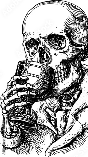 Skeleton with detailed bone structure holding a cup in a vintage engraving. Black and white gothic vector illustration with surreal and morbid elements.