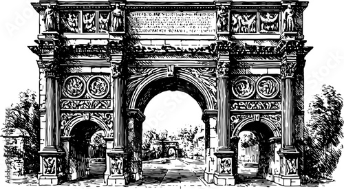 Roman triumphal arch with columns, sculptures and ornament. Historic stone architecture in black and white vector illustration.