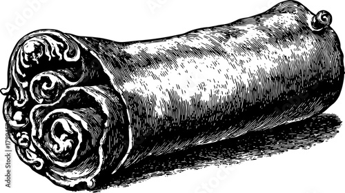 Ancient scroll illustration with parchment texture and vintage detail. Monochrome vector engraving style illustration.