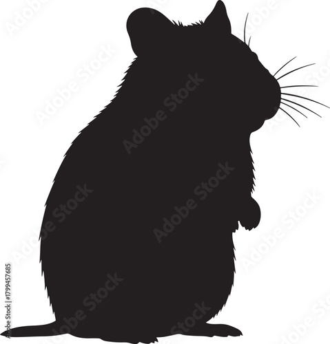Hamster silhouette standing on hind legs, a cute rodent with distinct ear, whisker, and fur texture outlines, isolated vector illustration for pet, animal, and nature themes.