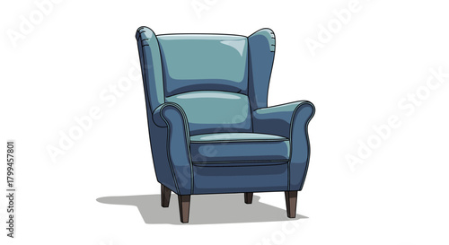 A classic blue upholstered armchair with a high back and wooden legs, depicted on a clean white background.