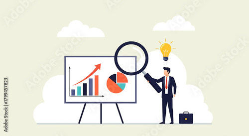 A business professional analyzing a financial chart with a magnifying glass, seeking insights and solutions.