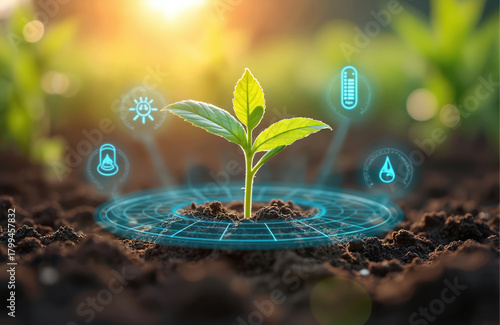 Young plant grows from soil surrounded by digital icons showing smart farming tech. AI monitors plant health, weather, water needs for efficient crop cultivation. Future farming advances with data.