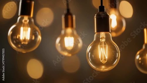 Close up of several glowing Edison light bulbs hanging in a dark room with bokeh lights in the background
