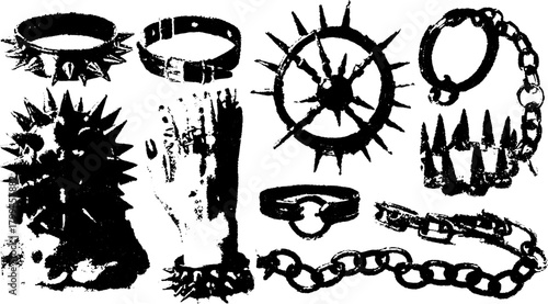 Punk accessories featuring spikes and chains. Black leather collar, bracelet, and glove set in a vector illustration style.