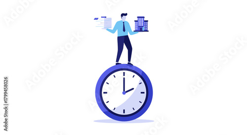 A person balancing on a clock, holding documents and a building, representing time management and business.