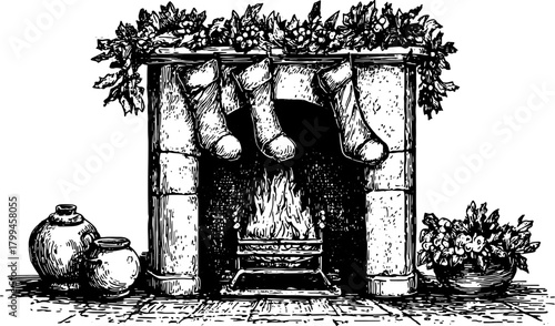 Vintage fireplace with Christmas stockings. Black and white outline drawing featuring decorative garland and flowers, a cozy home vector illustration.