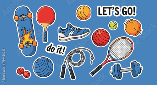 A vibrant collection of sports equipment and motivational phrases on a blue background, encouraging an active lifestyle.