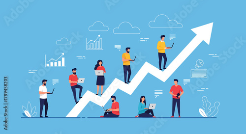 A diverse team of professionals works on laptops, positioned on a large white arrow pointing upwards, symbolizing business growth and success.