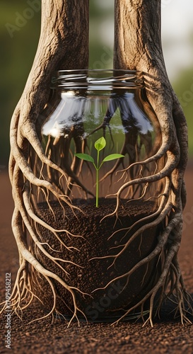 A glass jar with a young plant growing inside, surrounded by tree roots and bark, symbolizing growth, nature, and environmental sustainability