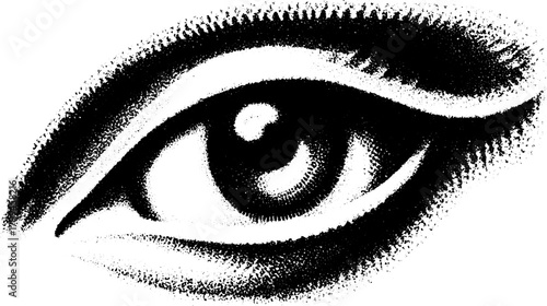 Eye graphic featuring a clean, abstract design. Black and white vector illustration with artistic texture and unique patterns.