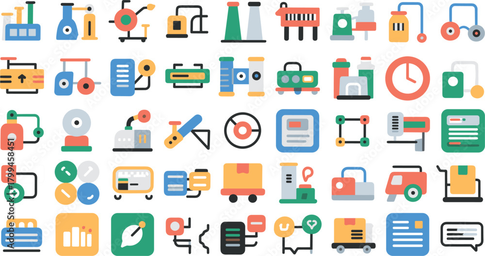 Fototapeta premium Collection of flat design icons representing industrial machinery and processes factory technology