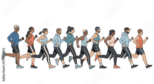 Diverse group of people running together in a marathon or race.