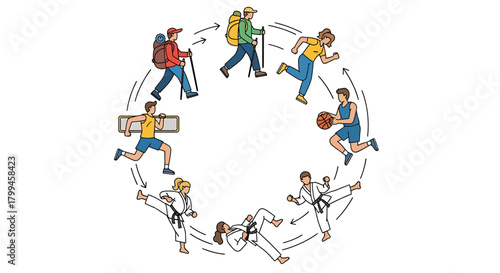 A circular illustration depicting various sports and outdoor activities in a continuous cycle.