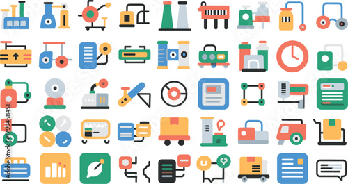 Collection of flat design icons representing industrial machinery and processes factory technology