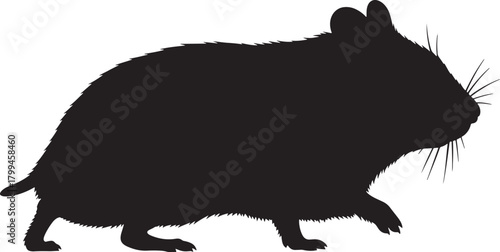 Detailed black silhouette of a small, furry hamster or rodent walking, viewed from the side, isolated on a clean white background, representing pet, pest, or laboratory animal concepts.