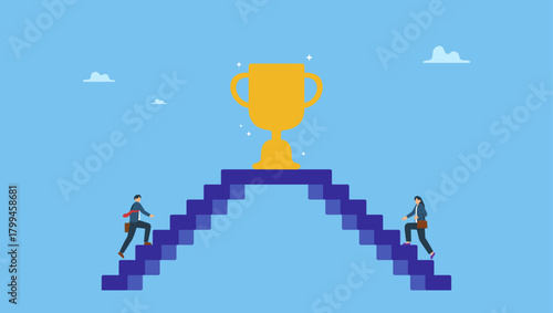 Businessman and businesswoman walk up stair compete to win trophy. Business competition, employee motivation to success, rivalry or conflict, contest or challenge to achieve target, effort.