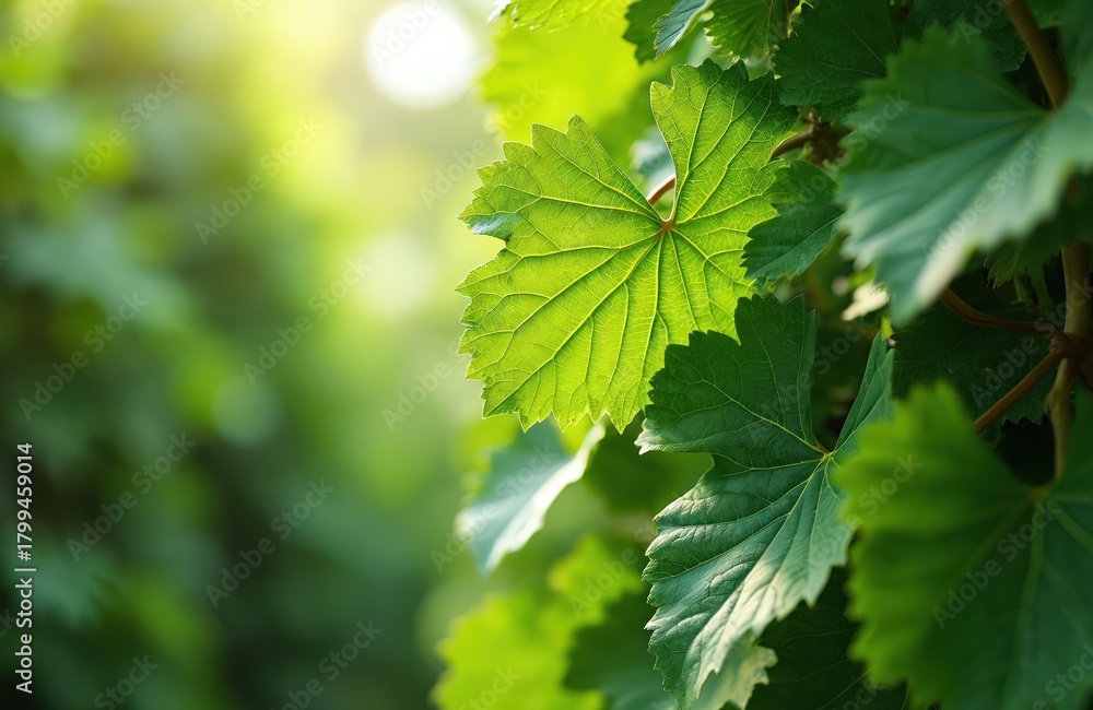 Obraz premium Sunlight filters through vibrant green grape leaves creating a soft natural bokeh background. Close up macro shot of textured foliage detail, signifying growth and nature.