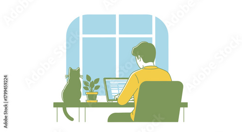 Man working remotely on a laptop at a home desk with a cat and plant by the window.