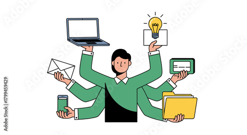 A multi-armed person efficiently manages various tasks and digital tools, symbolizing productivity and multitasking in a business or work environment.