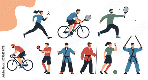 Diverse individuals engaging in various sports and recreational activities, promoting fitness.